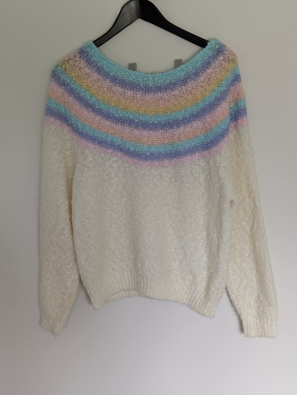 Vintage 80s Pastel Rainbow Striped Knit Sweater - Women's L